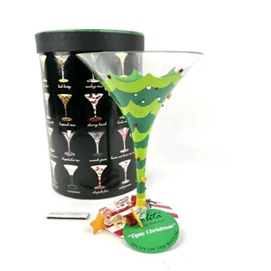 NEW Lolita Tipsy Elves Christmas Hand Painted Martini Glass Rare Retired In Box - Picture 1 of 10