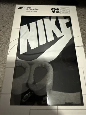 Nike 3 Piece Baby Newborn Box Set 0-6 months Bodysuit Booties Hat Black Gray NEW - Image 1 of 4