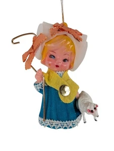 Little Bo Peep Nursery Rhyme Christmas Ornament Flocked Plastic Vintage - Picture 1 of 5