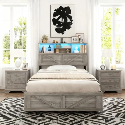 Marco de cama de madera de granja tamaño T/F/Q con 4 cajones de almacenamiento y estación de carga Foto 1 de 4