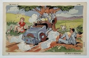 Vintage Linen 1930s Comic Auto Crash Postcard 'We Made It' - Picture 1 of 2
