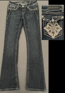 LA Idol Embellished Bootcut Jeans Women 5 Blue Dark Flap Pockets Low Rise 29x34 - Picture 1 of 15