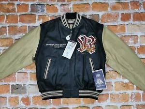New REDSKINS Vintage Leather Jacket Dragon Teddy By RDS Black Beige Size: L New - Picture 1 of 12