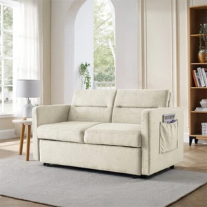 Convertible Loveseat Sofa Bed Pull-out w/Adjsutable Back & Two Arm Pocket-Beige - Picture 1 of 22