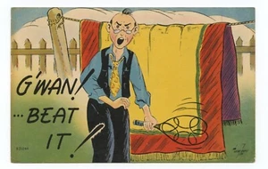 Man Beating Blanket on Clothesline Comic Art Humor Postcard - Picture 1 of 2
