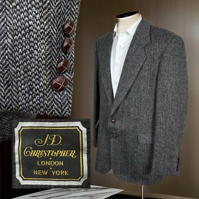 Abrigo deportivo JD Christopher para hombre 42L gris espiga tweed azul amarillo a rayas Foto 1 de 4