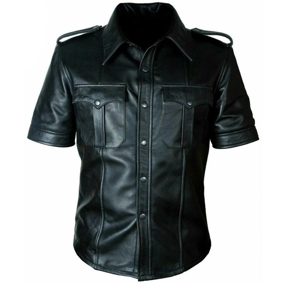 Hombres Lo último Genuino Negro Oveja CUERO Media Mangas Policía Militar Uniforme Camisa  Foto 1 de 4