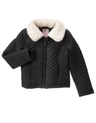 New Gymboree Starry Night Girl Black Quilted Fur Zip Puffer Jacket Winter S 5 6 - Image 1 of 3