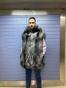 Luxury Full Skin Silver Fox Vest With Hood 100% Real Fur - Picture 1 of 12