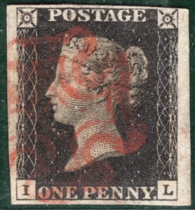 Sello GB PENNY NEGRO 1840 QV SG.2 1d placa 1a (IL) usado rojo MX Cat 450 £ REDS77 - Imagen 1 de 6