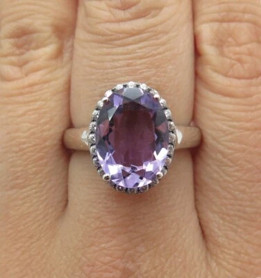 925 Sterling Silver Real Oval-Cut Amethyst & White Topaz Ring Size 8.25 - Image 1 of 4