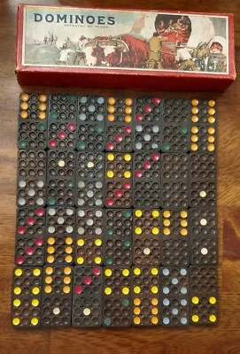 VINTAGE  WOODEN DOMINOES BY PIONEER PEERLESS USA ORIGINAL COMPLETE Double Sixes - Image 1 of 4