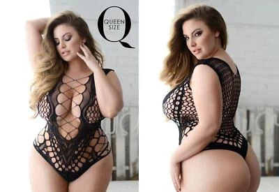 Killer Legs Fishnet Criss Cross Plunge Neck Bodysuit 818JT152Q Queen Plus Size - Image 1 of 4