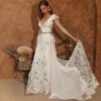 Elegant A-Line Wedding Dresses V-Neck Cap Sleeves 3D Flowers Chiffon Bridal Gown - Image 1 of 4