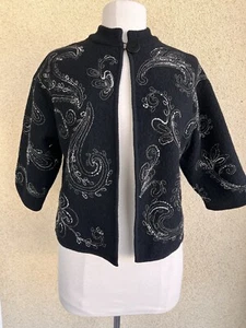 Jones New York Boiled Merino Wool Embroidered Paisley Sweater Jacket Cardigan L - Picture 1 of 11