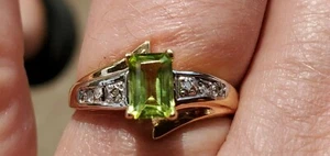 Peridot Labcreated Octagon Cut & Diamond Ring 10kt Solid Yellow Gold - Picture 1 of 12