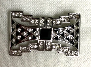 Vintage GIVENCHY Silver Tone Brooch Pin Art Deco Onyx Clear Rhinestones - 1 5/8" - Picture 1 of 4