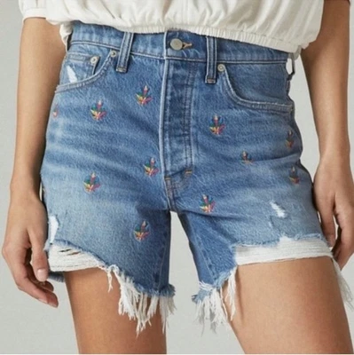 Lucky Brand Weed Leaf Lucky Legend Embroidered 5" High Rise 90s Shorts 4 27 - Image 1 of 4