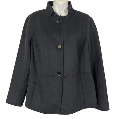 Chaqueta Abrigo Talbots Mujer Lisa Negra Lana Ligera Cuello Volantes Talla 10 Foto 1 de 4