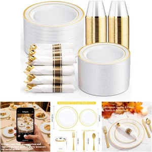 350 Stück Gold Einweg Teller Besteck Set 10,25' Abendessen 7,5' Dessert 9oz Tassen - Bild 1 von 9