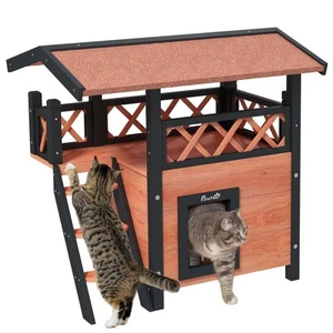 Katzenhaus Outdoor Kätzchenunterstand Welpenhütte mit Balkon Treppe Asphalt - Bild 1 von 5