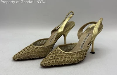 Manolo Blahnik Women's Gold Mesh Pointed Toe Slingback Heels Size 36 - Image 1 of 4