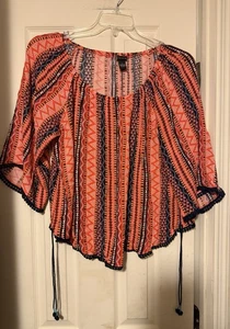 Blusa Mujer New Directions Talla Pequeña Manga 3/4 Naranja Azul Marino Estampado Azteca - Imagen 1 de 6