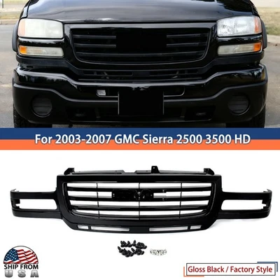 Gloss Black Front Bumper Grille For 2003-2006 2007 GMC Sierra 2500 HD 3500 HD Foto 1 de 4