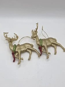 Golden Glitter Reindeer Christmas Tree Ornaments Set Of 2 - Picture 1 of 7