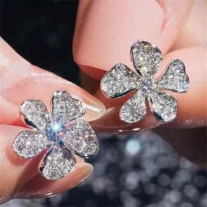 Flower Stud Earrings 2.8 Ct Round Simulated Diamond 14k White Gold Plated Silver - Picture 1 of 5
