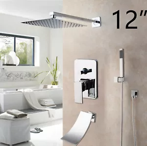 12" Shower Faucet Set Rainfall Chrome Square Heads Mixer Waterfall Tub Spout Tap - Picture 1 of 9