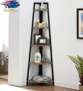 5 Tier Corner Shelf, Industrial Bookshelf Metal Frame, Rustic Storage Rack - Picture 1 of 12