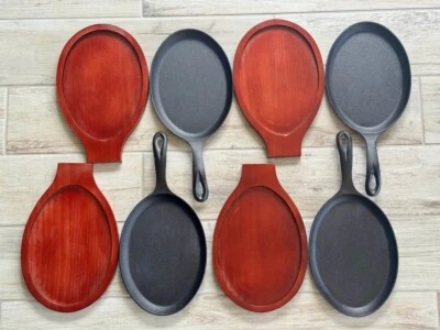 One Cast Iron Oval Fajita Skillet Steak Platter w/Handle & Wood Base, 9¼"L x 7"W - Image 1 of 4