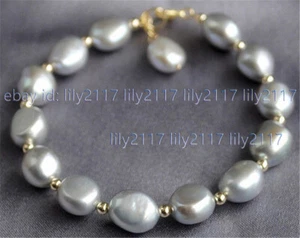 6-13mm Real Natural Gray Baroque Freshwater Pearl Beads Bracelet 7.5" - Picture 1 of 10