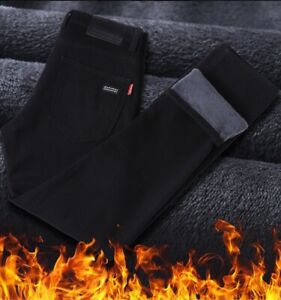 Thermal Jeans Thick Velvet Denim Pants Warm Fleece Lined Jeans Trousers Black