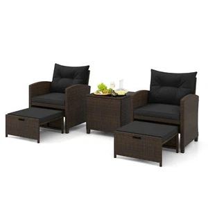 5 Piece Patio Rattan Furniture w/ 2 Ottomans & Tempered Glass Coffee Table - Picture 1 of 10