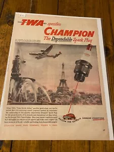 Vintage 1946 Champion Spark Plug TWA Airlines Eiffel Tower ad - Picture 1 of 1