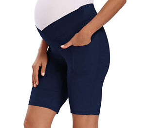 Under Belly Stretch Pregnancy Maternity Workout Shorts W/ Pockets 9" Navy 9015N