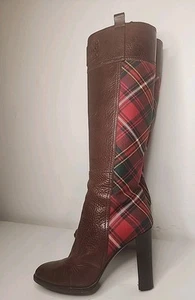 Vtg Burberry Knee High Boots Women Sz US 6 Eur 36.5 Brown w Rare Red Plaid Italy - Picture 1 of 16
