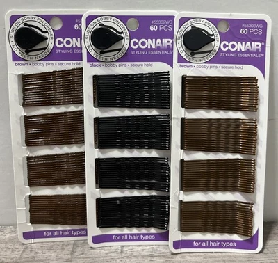 3 ~ 60 Ct Conair Hair Styling Essentials 2” Bobby Pins 2 Brown 1 Black  +Opener - Image 1 of 2