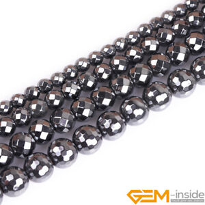 Natural Black Hematite Gemstone Faceted Round Beads Strand 15" 6mm 8mm 10mm 12mm