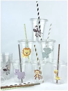 Safari Animal Plastic Party Cups with Lids and Straws Birthday Drinkware Jung... - Picture 1 of 6