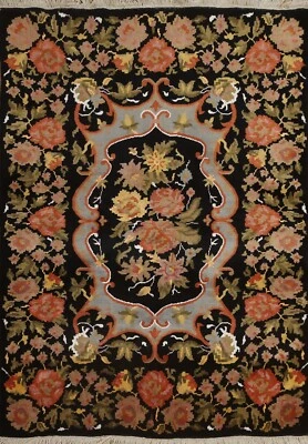 Vegetable Dye Floral Black Aubusson Oriental 4'x6' Area Rug Handmade Wool Carpet - Image 1 of 4