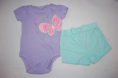 Baby Girls Outfit PURPLE S/S BODYSUIT Butterfly MINT SHORTS Bow Accent 6-9 MO - Image 1 of 2