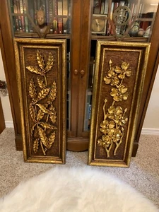 MID CENTURY SYROCO GOLD FLORAL SET OF 2 WALL HANGINGS - Picture 1 of 11