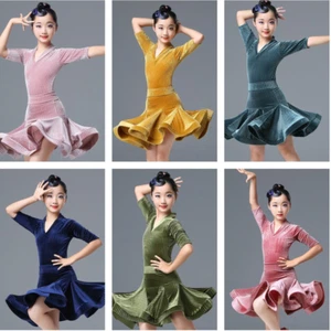 Velvet Girl Kid Child Ruffles Mini Dress Costume Dance Stage Latin Tango Ruffles - Picture 1 of 24