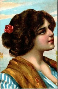 Lovely Brunette Women with Red Rose Postcard - Picture 1 of 2