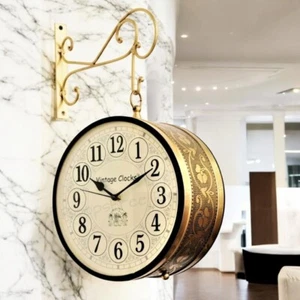 Vintage Clock Double Side Railway Style Analog Clock With Brass Finish 15X15 Cm - Picture 1 of 6