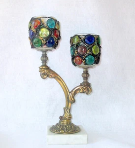 11" Vintage Italy Marble & Ornate Metal Double Art Glass Votive Candelabra - Picture 1 of 10