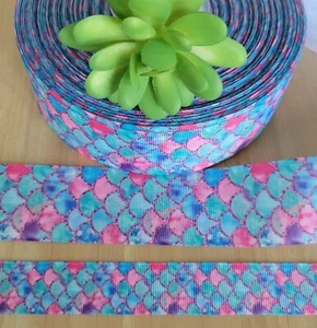 5/8, 7/8 & 1.5" (1 YD) Mermaid Scales Grosgrain Ribbon Ocean Sea Hair Bow - Picture 1 of 1